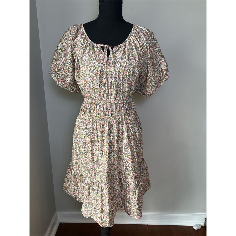 J. Crew Floral Puff-Sleeve Tiered Midi Dress Women Size L Multicolor Ditsy Print
